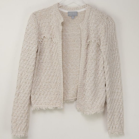 Pure Collection Sweaters - Pure Collection Fringe Jacket Open Front Textured Knit 100% Cotton Cream Size 4